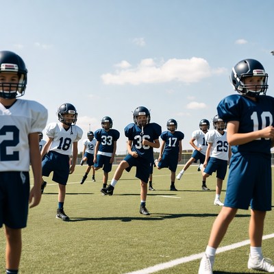 Youth Football Team Practicing on Field