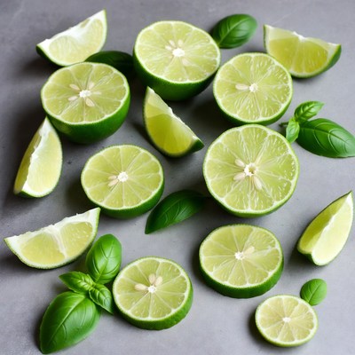 Sliced Limes with Basil Leaves