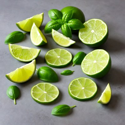 Fresh Lime Slices and Basil Leaves