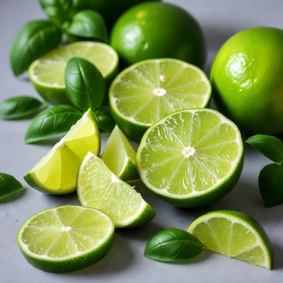 Fresh Limes with Basil Leaves