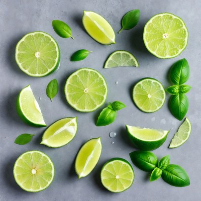 Fresh Limes and Basil Leaves
