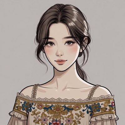 Asian woman in floral off-shoulder top
