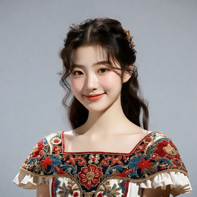 Asian woman in traditional embroidered dress