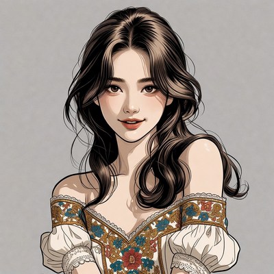 Asian woman in embroidered off-shoulder dress