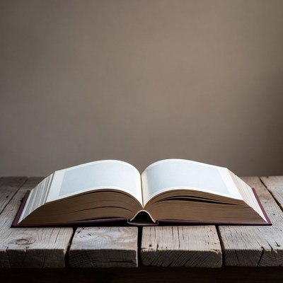 Open book on wooden table