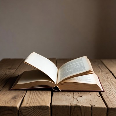 Open book on wooden table