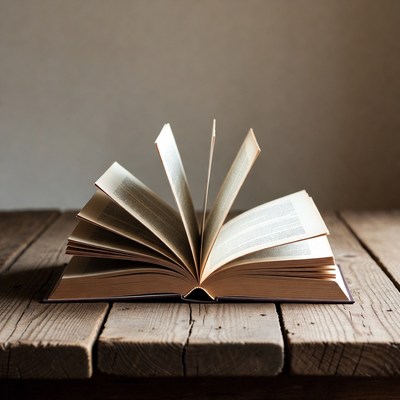 Open book on wooden table