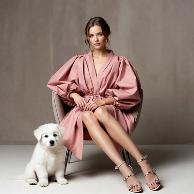 Woman in pink dress with white puppy