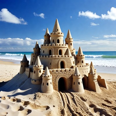Sandcastle on Beach with Ocean Waves