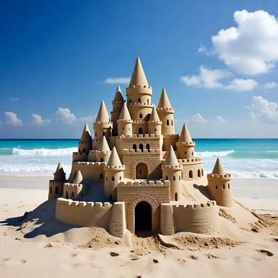 Sandcastle on Beach with Ocean Waves