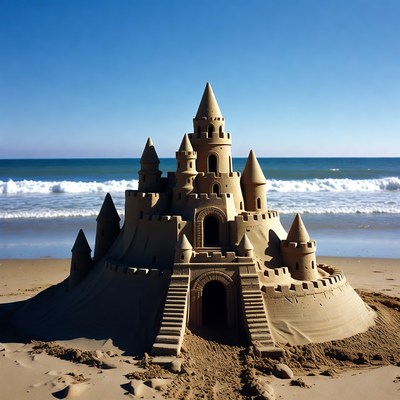 Sandcastle on Beach with Ocean Waves