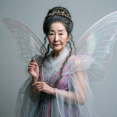 Elderly Asian woman with fairy wings