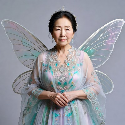Elderly Asian woman with fairy wings