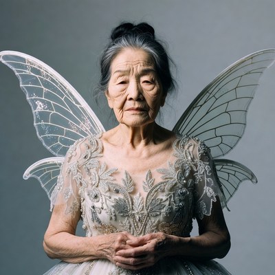 Elderly Asian woman with fairy wings