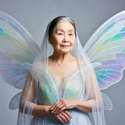 Elderly Asian woman with fairy wings