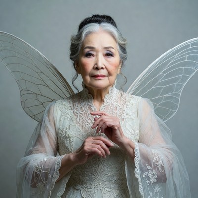 Elderly Asian woman with fairy wings