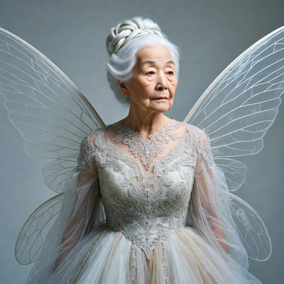 Elderly Asian woman with fairy wings