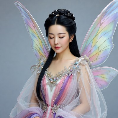 Asian woman with iridescent fairy wings