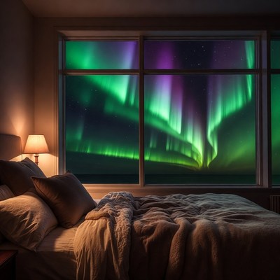 Bedroom Window with Northern Lights