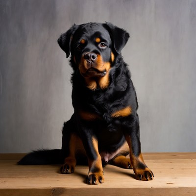 Rottweiler puppy sitting on wooden table