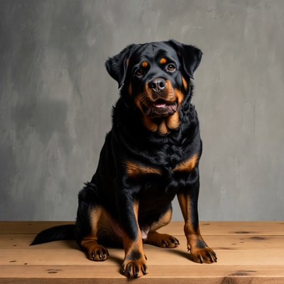 Rottweiler sitting on wooden table