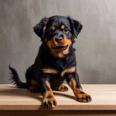 Rottweiler puppy sitting on table