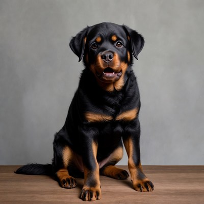 Rottweiler puppy sitting on wooden surface