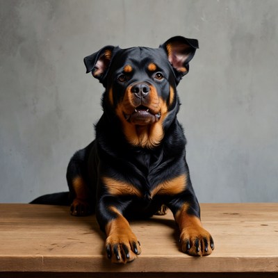 Rottweiler sitting on wooden table