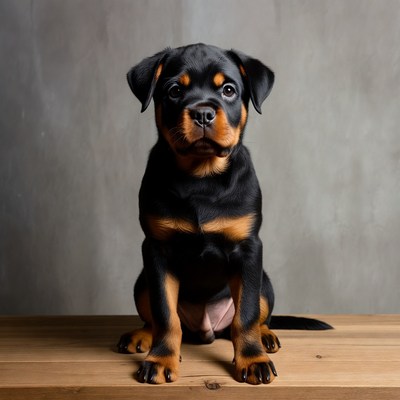Rottweiler puppy sitting on wooden table