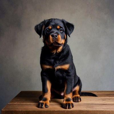 Rottweiler puppy sitting on wooden table