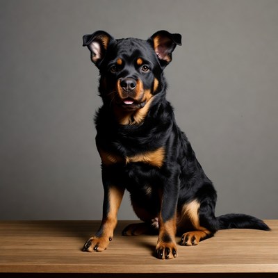 Rottweiler puppy sitting on table