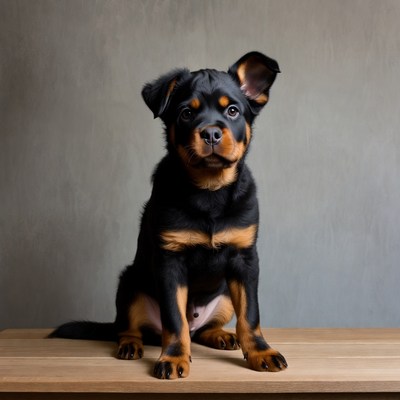 Rottweiler puppy sitting on table