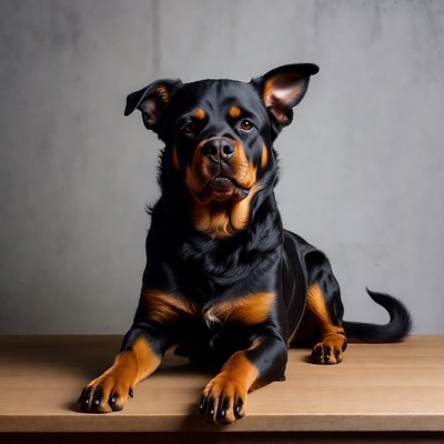 Rottweiler sitting on wooden table