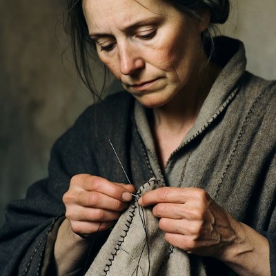 Woman sewing fabric with needle