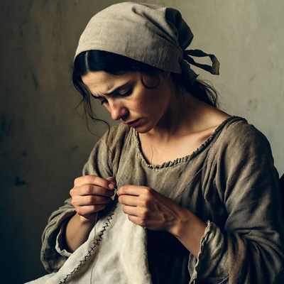 Woman sewing fabric in rustic attire