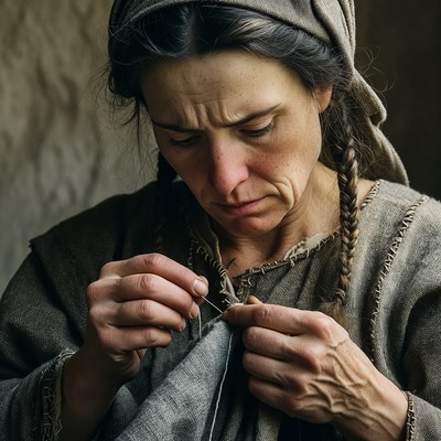 Woman sewing with needle and thread