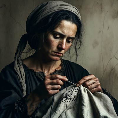Woman sewing fabric with headscarf