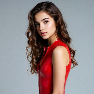 Woman in red latex dress