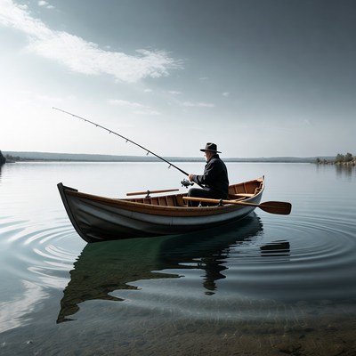 Man fishing from rowboat on lake
