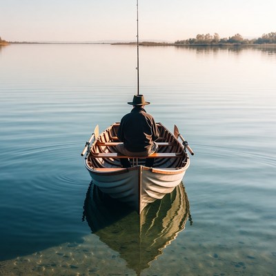 Man fishing from rowboat on lake