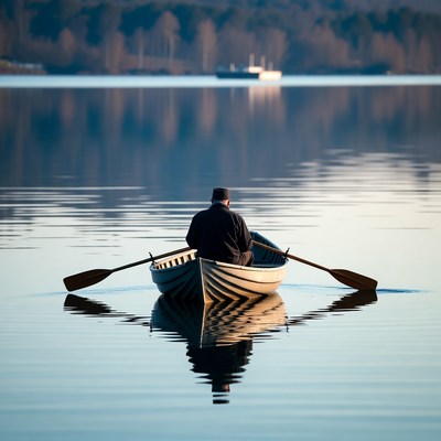 Man rowing boat on calm lake