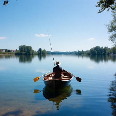 Man fishing from rowboat on lake