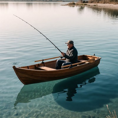 Man fishing from wooden rowboat