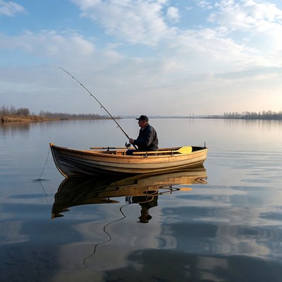 Man fishing from wooden rowboat