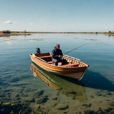 Man fishing from wooden boat