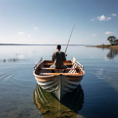 Man fishing from rowboat on lake