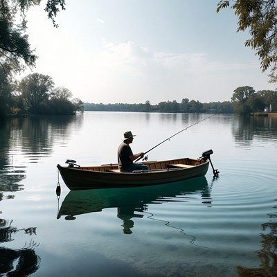 Man fishing from rowboat on lake