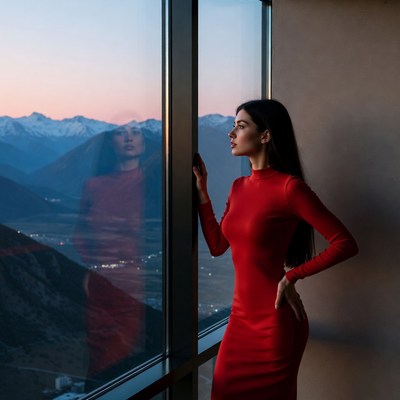 Woman in red dress gazing at snowy mountains