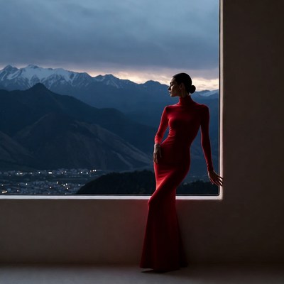 Woman in red dress by window with mountains