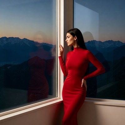 Woman in red dress gazing at mountains